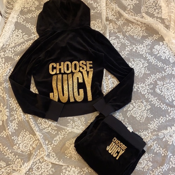 Y2K Juicy Couture Black VELOUR Tracksuit Set CHOOSE JUICY GOLD BLING - Picture 7 of 17